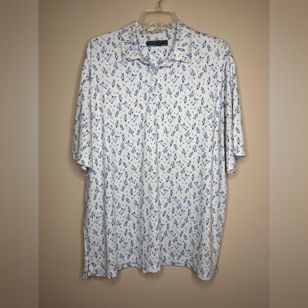Roundtree & Yorke Bull Riding Rodeo White Blue Print Golf Polo Shirt Size 2XT